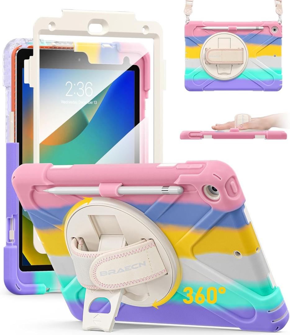 BRAECN for iPad 9th/8th/7th Generation Case,Heavy Duty Shockproof Case with Screen Protector, Pencil Holder, Pencil Cap Holder, Hand Strap, Kickstand,Shoulder Strap for iPad 10.2 Inch 2021/2020/2019 (Colourful Pink)