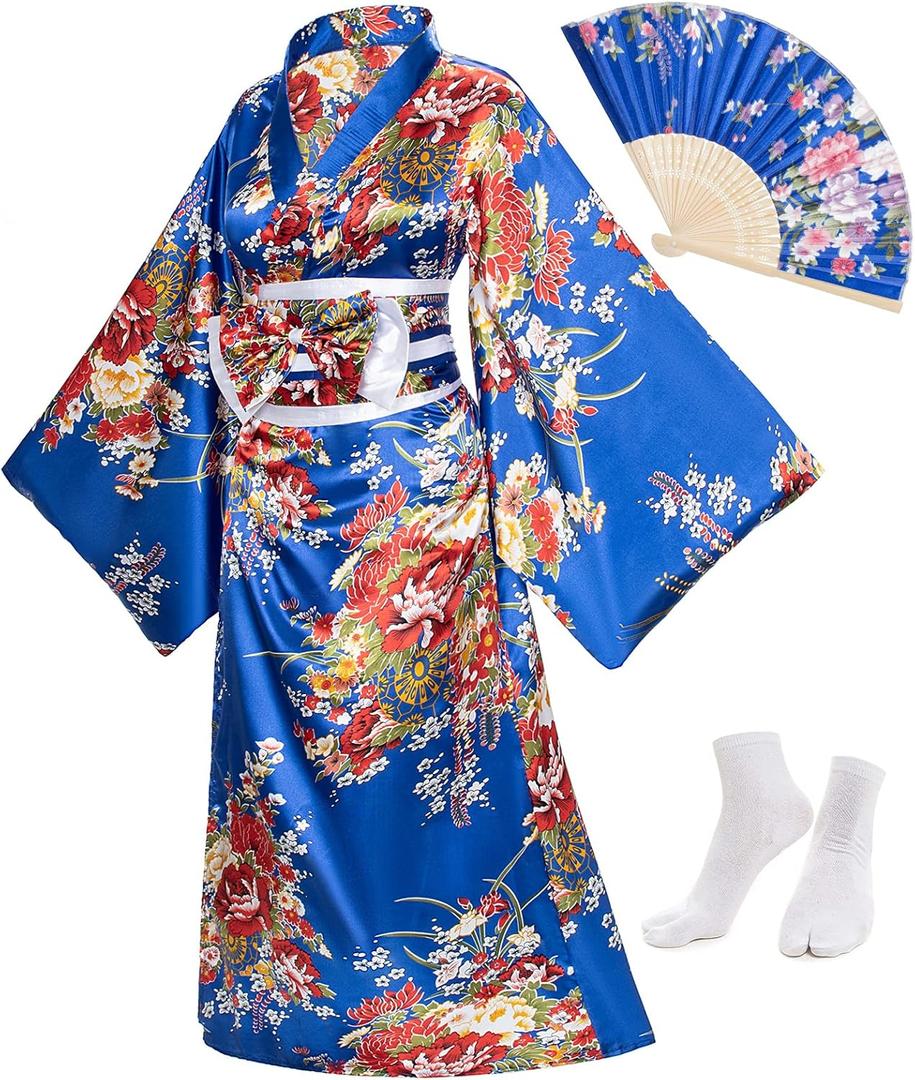 Japanese Anime Women's Kimono Robe Geisha Yukata Sweet Dress Blossom Satin Bathrobe Sleepwear Fans Tabi Socks Set (Blue)