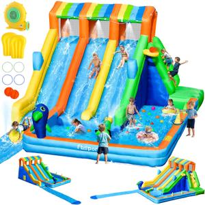 FBSPORT Inflatable Water Bounce House, Large Bounce Castle with 3 Slide, Inflatable Water Slide with Splash Pool, Climbing, Water Slide Bounce House for Outdoor Indoor (with 550W Air Blower)