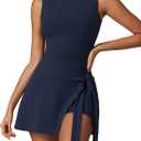 ABOCIW Womens High Neck Tennis Dress Sleeveless Wrap Skirt Built in Shorts Golf Athletic Dress Workout Rompers (Medium, Navy)