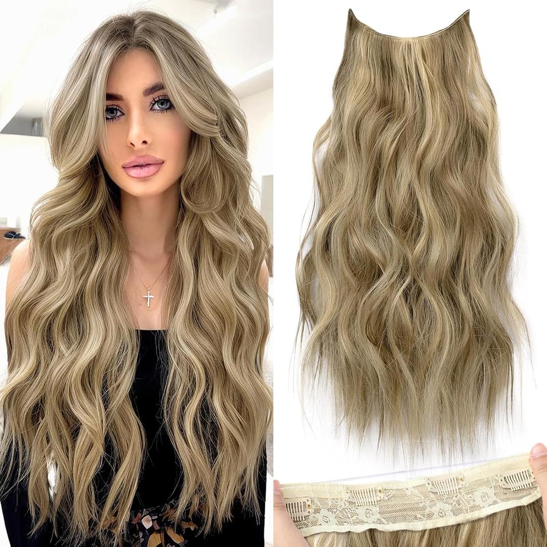 KooKaStyle Invisible Wire Hair Extensions with Transparent Headband Adjustable Size 4 Secure Clips Long Wavy Secret Wire Hairpiece for Women(24Inch Light Brown mix Golden Blonde)