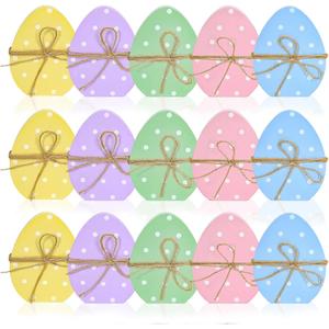 15pcs Easter Wooden Eggs Decorations, Wooden Eggs Table Decor Polka Dots Egg Signs with Rope for Home Decor, Party, Spring, Holiday Table Centerpieces for Tiered Tray
