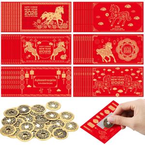 Gueevin 100 Pcs Year of The Horse 2026 Scratch Off Cards Chinese New Year Fortune Cards and 25 Pcs Chinese Coins Set Luck Gifts for Families Reunion Game Spring Festival Party Decorations(Novelty)