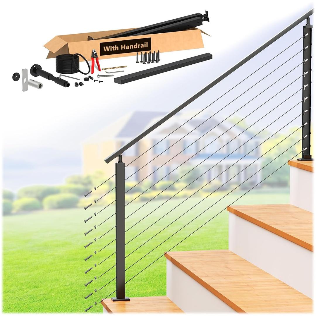 36" Swageless 2-4FT Black Complete Cable Railing System Post Kit with Handrail Cuttable, T304 Stainless Steel, Modular Pre-Cut 1/10" Cable Railing Kit with Stair Post for 28-38 Degree Stairway