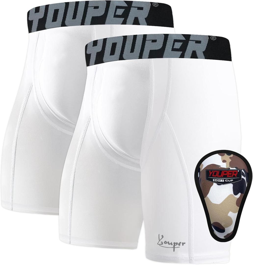 Youper Youth Boys Compression Sliding Shorts with Soft Protective Cup for Baseball Football Hockey (2-Pack) (X-Large, White)