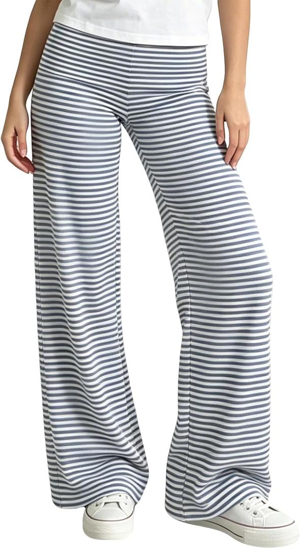 SUEER Women Y2K Fold Over Yoga Pants Elastic Low Waist Contrast Color Straight Wide Leg Soft Sweatpants (Blue-Stiped, S)