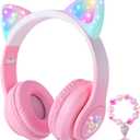 Cat Ear Kids Headphones Bluetooth, LED Light up Wireless/Wired Mode Over Ear Headphones with Build in Microphone for School/Travel (Pink)