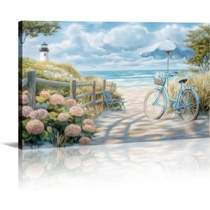 Beach Canvas Wall Art - Coastal Wall Decor Framed Ocean Posters Beach Path with Bicycle Picture Seascape Painting Prints for Walls Living Room Bedroom Ready to Hnag - 16.00x24.00 inch