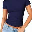 ForeFair Womens Casual T Shirts Summer Tops Short Sleeve Going Out Crop Tops Crew Neck Slim Fitted Basic Ruched Tee Navy Blue,XS