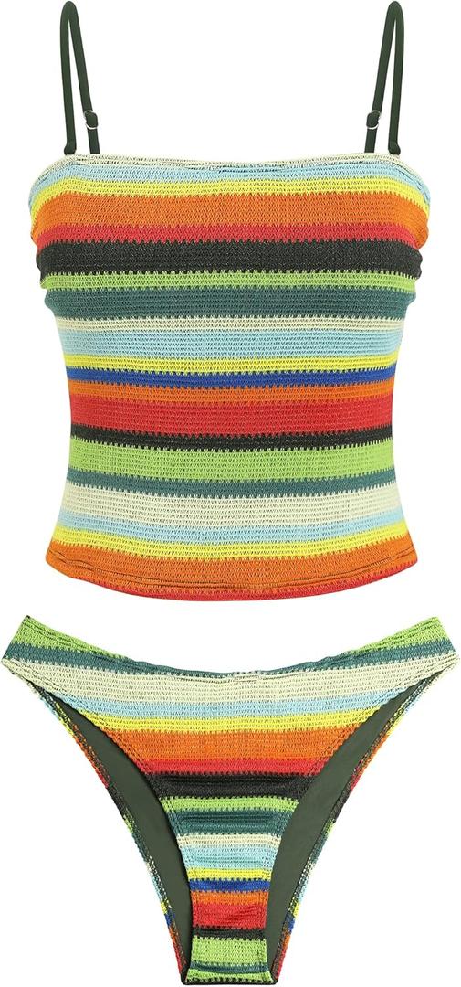 ZAFUL Women's Floral Tankini Swimsuits Bandeau Tummy Control High Cut Tankini Set Two Piece Bathing Suit (X-Large, Crochet-stripe Green)