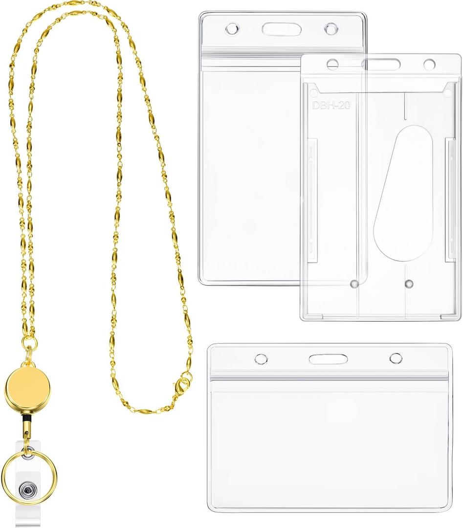 Zonon Retractable Badge Reel Lanyard with ID Holder for Women, Cruise Lanyard Stainless Steel Necklace with 3 Pieces Name Badge Holder Clip for Teacher(Gold) 35 Inches