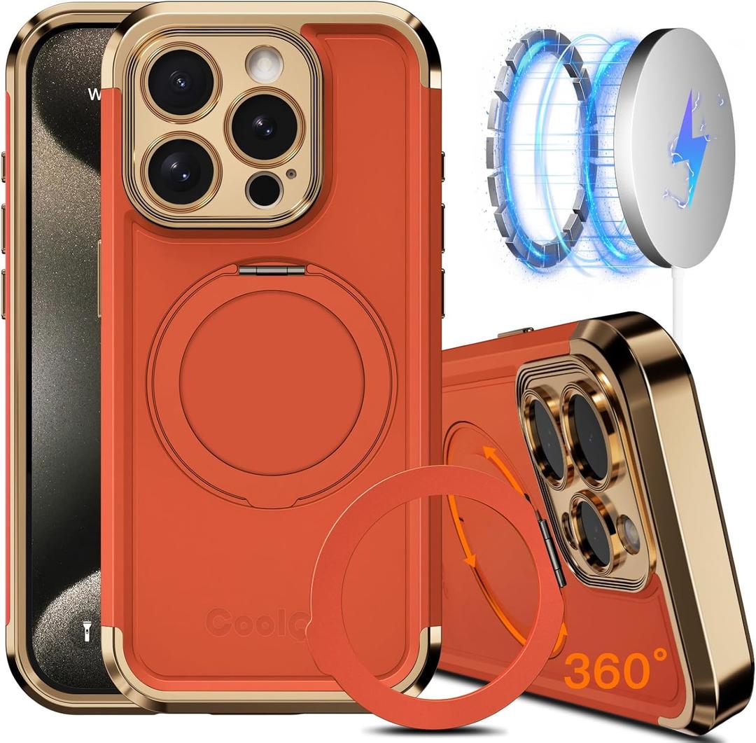 COOLQO for iPhone 14 Pro Case 6.1'' Upgraded 360 Spin Magnetic Stand [Compatible with Magsafe][Military Protection] Shockproof Protective Phone Holder Cover for iPhone 14 Pro, Orange Gold