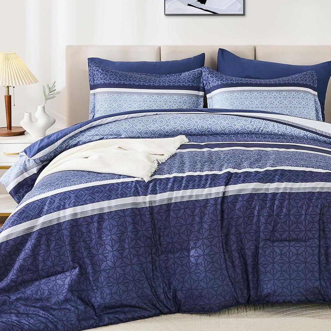 WONGS BEDDING Comforter Set King Size 7 Pieces,Navy Blue Striped Bed in a Bag Comforter and Sheet Set,Patchwork Soft Lightweight Micorfiber Bedding Set for All Seaon (90"104")