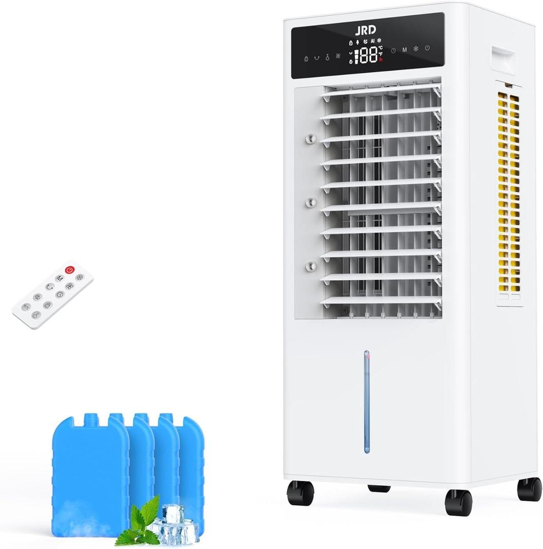 JRD Portable Air Conditioner, Evaporative Air Cooler with 12H Timer Auto-Off, 3-Speed, 2.4Gal Tank, 4 Ice Packs, Mist Function, Oscillation Swamp Cooler with Remote for Bedroom Home Office (White)