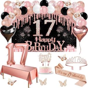 17th Birthday Decorations for Girls, 49pcs Black Rose Gold Black Banner, Tablecloth, Butterfly Decor, 17th Birthday Sash and Tiara, Cake Topper, Candles, Balloons Arch