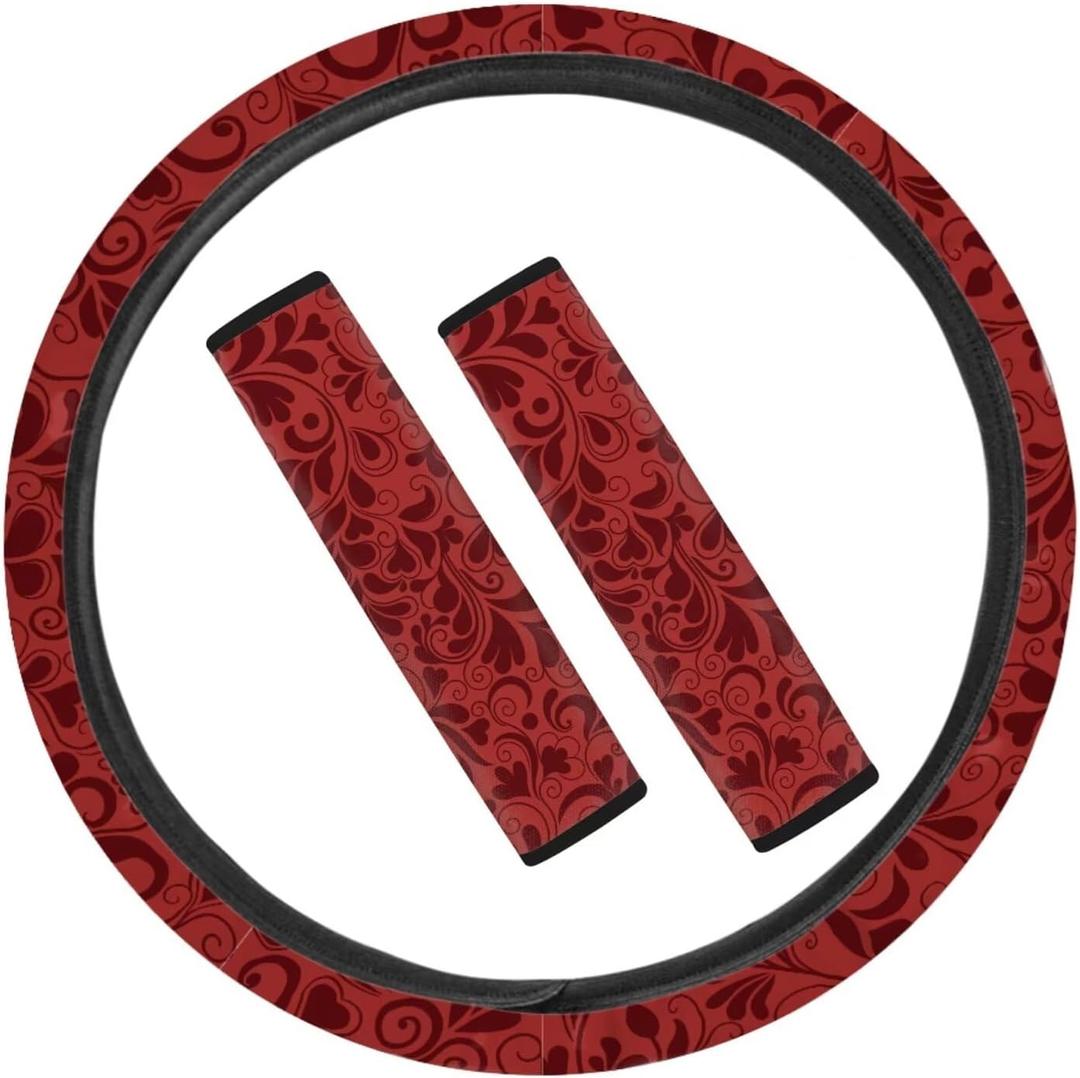 YGFLPPV 2 Pcs Seat Belt Covers and 15" Steering Wheel Cover Cute Sets, Damascus Pattern Neoprene Soft Thin Girly Car Accessories, Neck Cushion Protector & Non-Slip and Warm for Hands Red