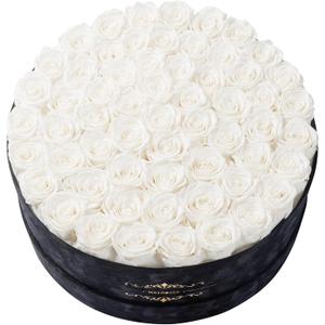 Gifts for Women NATROSES 60 Preserved Roses in Luxury Black Velvet Box, Preserved Flowers for Delivery Gift for Her, Elegant Rose for Birthday, Mothers Day, Christmas (White)