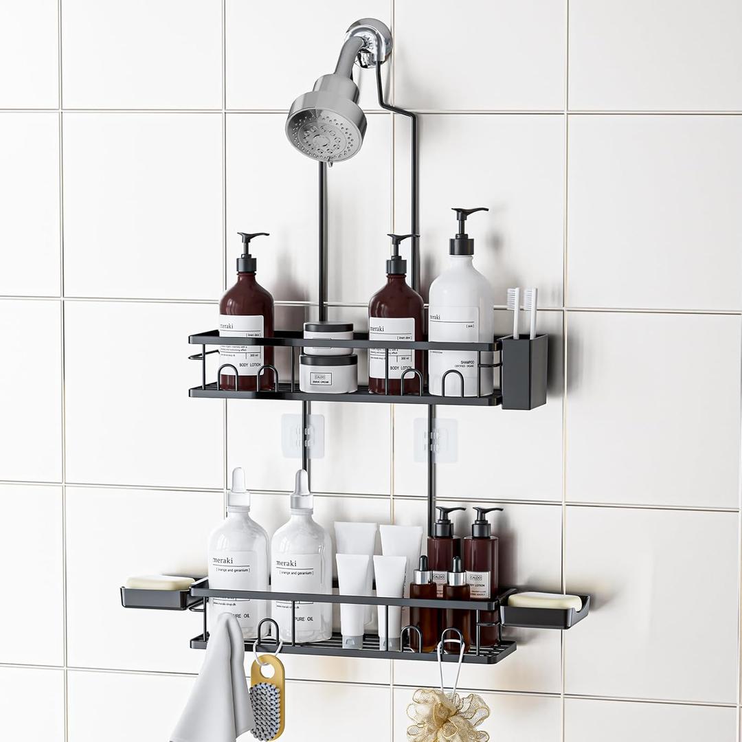 Shower Caddy Hanging, Rustproof Shower Shelves - No Drilling Inside Bath, Extended Length Shower Organizer with Soap Holder; Toothbrush Holder, Black