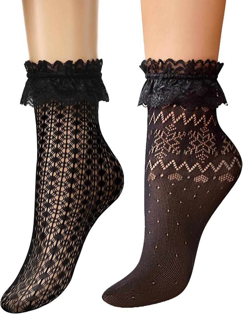 Lace Ruffle Frilly Socks for Women Fashion Ladies Princess Lace Ankle Socks | Elegant,Soft, Fishnet design,Delicated Ruffled Lace Trim (Black, XL)
