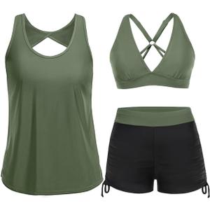 Yonique 3 Piece Tankini Swimsuits for Women Swim Tank Top Bathing Suits with Boy Shorts and Bra Athletic Swimwear (Large, Black & Army Green) Yonique 3 Piece Tankini Swimsuits for Women Swim Tank Top Bathing Suits with Boy Shorts and Bra Athletic Swimwear (Large, Black & Army Green)
