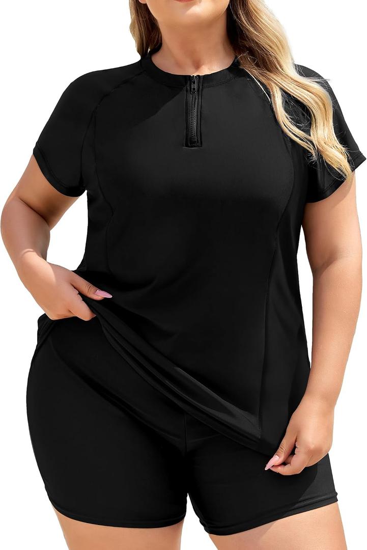 COOTRY Plus Size Two Piece Rash Guard Women Short Sleeve Bathing Suit Zip Up Swimsuit Built in Bra Swim Suit Swimwear (Black, XXXL)