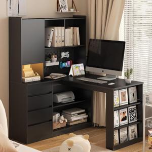 KEIKI L Shaped Home Office Desks with LED Light, Pegboard, Hutch, Drawers, Bookshelf & Storage Shelves, Modern Wooden Gaming Computer Corner Table for Work, Study, Writing
