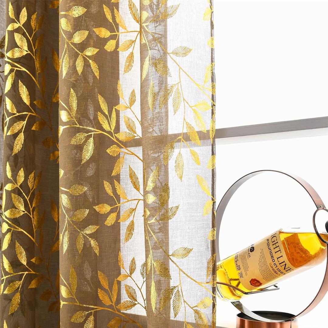 Deeprove Sheer Curtains 84 Inches Long 2 Panels Set, Gold Foil Print Metallic Vine Leaves Window Treatments for Bedroom, Xmas Decor Privacy Golden Drapes Pair, Rod Pocket, Gold and Taupe, 52"W x 84"L (Pack of 2)