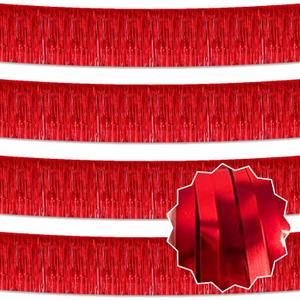 4 Pack 10 Ft Red Foil Fringe Garland Metallic Streamers Tinsel Banner Wall Hanging Garland Backdrop for Parade Floats, Halloween, Christmas, Thanksgiving, New Year Party Decorations
