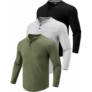 3 Pack Men’s Waffle Henley Long Sleeve Casual ShirtsBasic Thermal Pullover Tops, Stretch Cozy Fabric, Trendy Clothes, Lightweight Undershirts, Fall Winter Layering, Medium, Green, Grey, Black