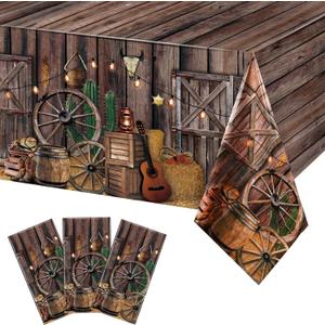 Tiamon 3 Pcs Western Party Tablecloth Western Cowboy Party Table Cover Cowboy Theme Plastic Tablecloth Wild West Wooden House Table Cover for Birthday Supplies