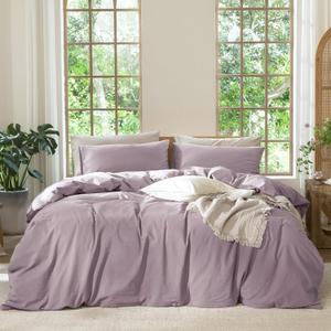 MooMee Bedding Duvet Cover Set 100% Washed Cotton Linen Like Textured Breathable Durable Soft Comfy (Solid Taro Purple, Full 80"x90")