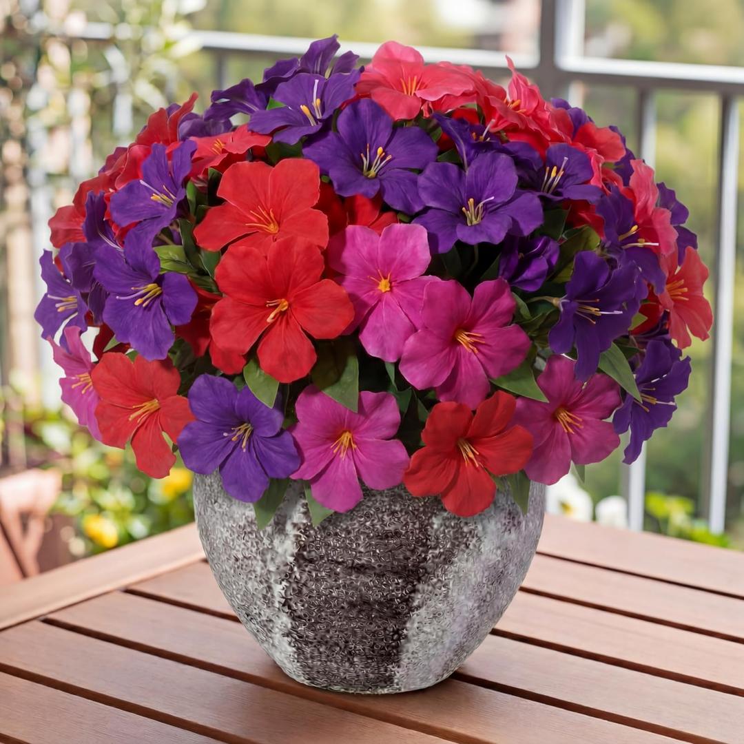 Suncalla 66 Heads Artificial Flowers for Outdoors Decoration, UV Resistant Silk Faux Azalea Flower Bouquet Plastic Plants for Summer Garden Porch Window Box Table Vase Home(Red,Rose Red, Purple)
