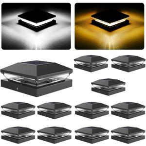T-SUN Solar Post Cap Lights Outdoor 12 Pack, 2 Modes LED Fence Post Solar Lights Fit for 4x4 5x5 6x6 Vinyl/Wooden Posts, Waterproof Deck Post Lights Solar Powered for Garden Patio Gate Porch (Black-Warm & Cool White)