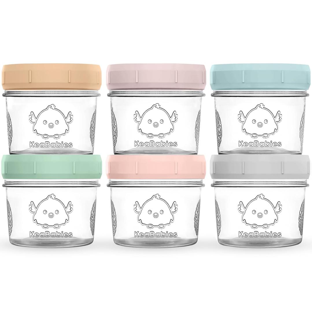 KeaBabies 6pk 4oz Glass Baby Food Containers with Lids - Leak-Proof, Microwavable Small Glass Jars, Baby Purees & Toddler Snack Storage Containers, BPA-Free, Dishwasher & Freezer Safe (Musk Dusk)