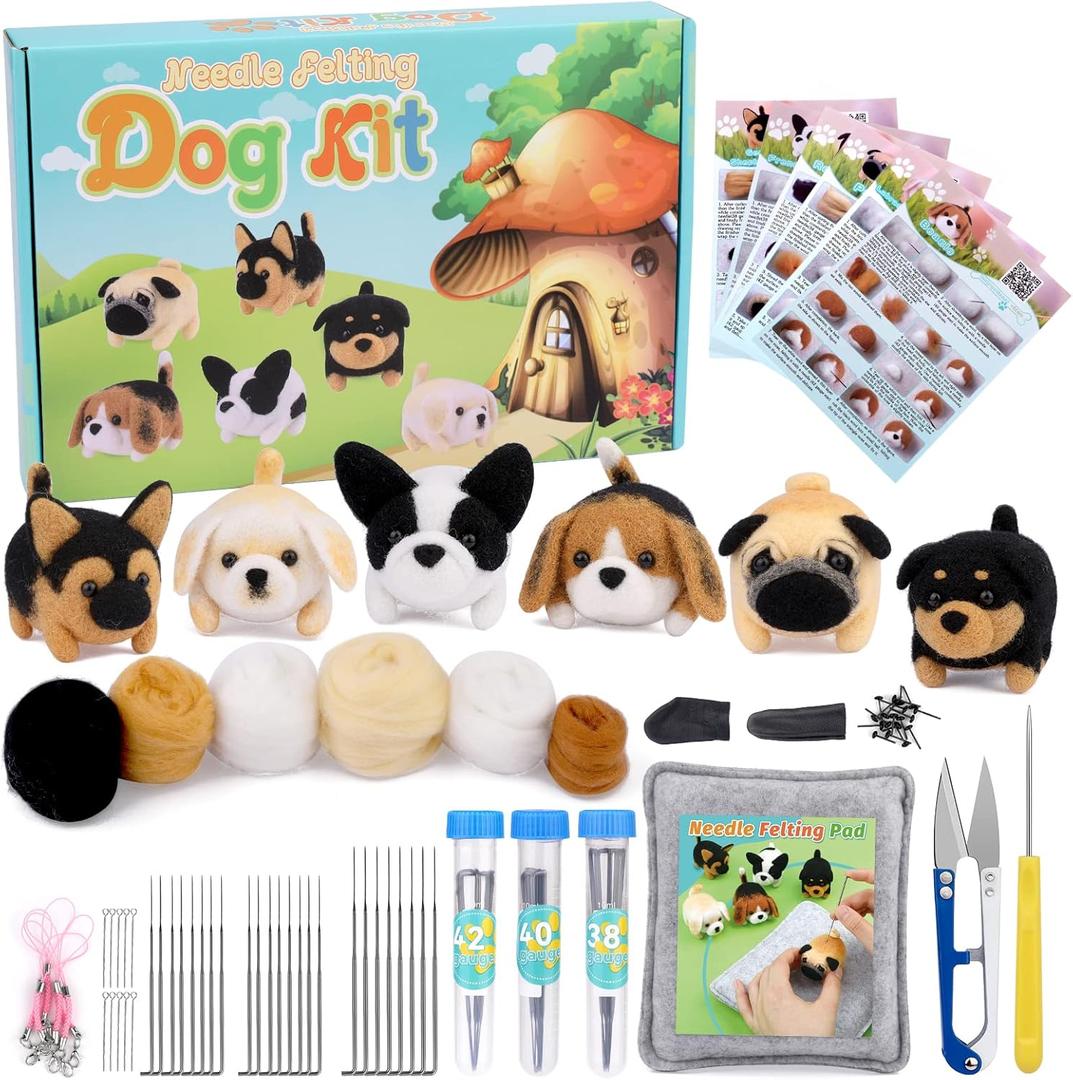 Needle Felt Starter Kit, 6 Pieces Dog Wool Needle Felting Kit, Needles Felting Supplies with Instruction, Felting Foam Mat, Wool Felting Kit for DIY Craft Animal Home Decoration