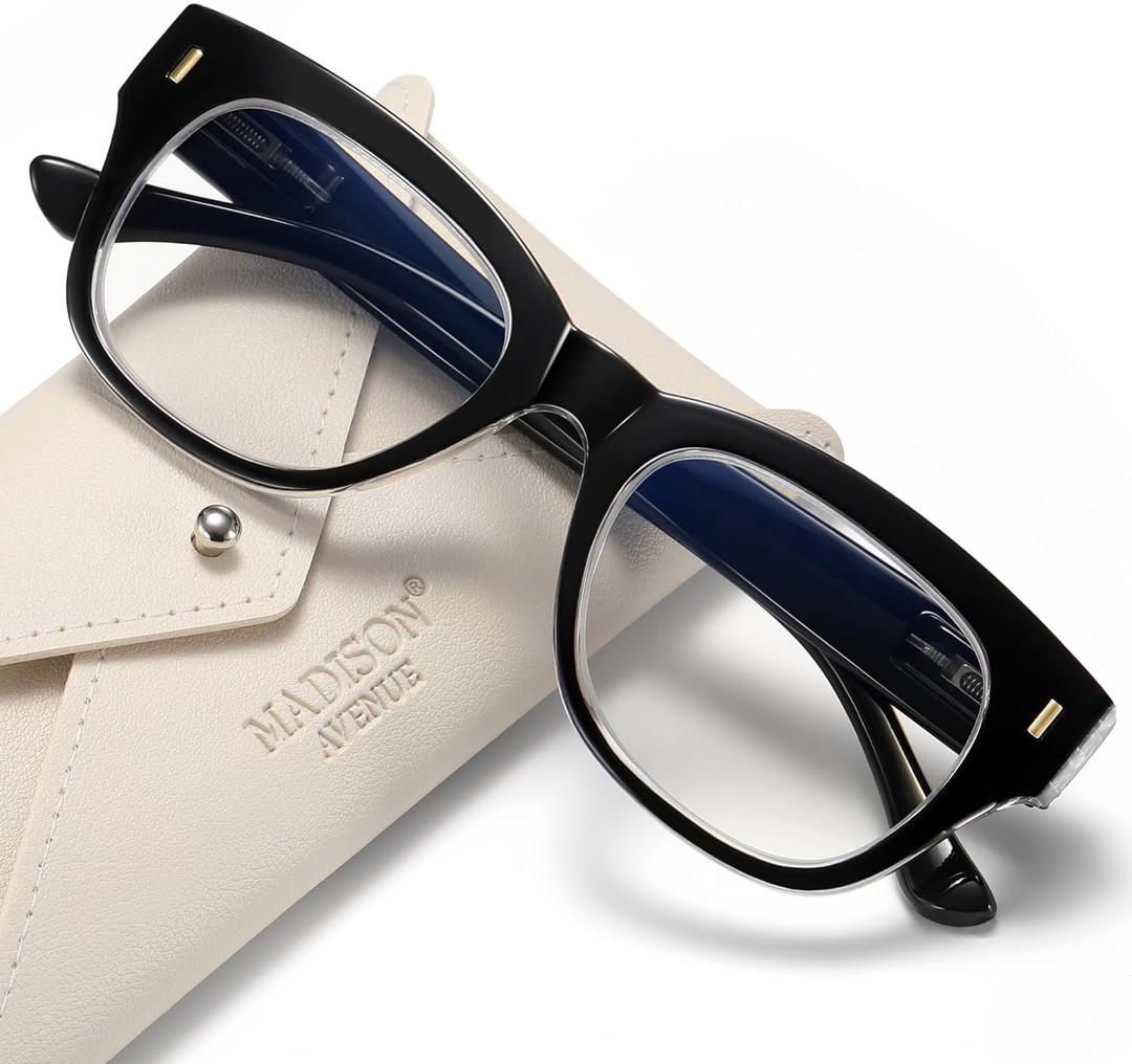 Madison Avenue Retro Blue Light Blocking Reading Glasses for Women Spring Hinge with Case, Elegant Computer Readers Glasses (Black)