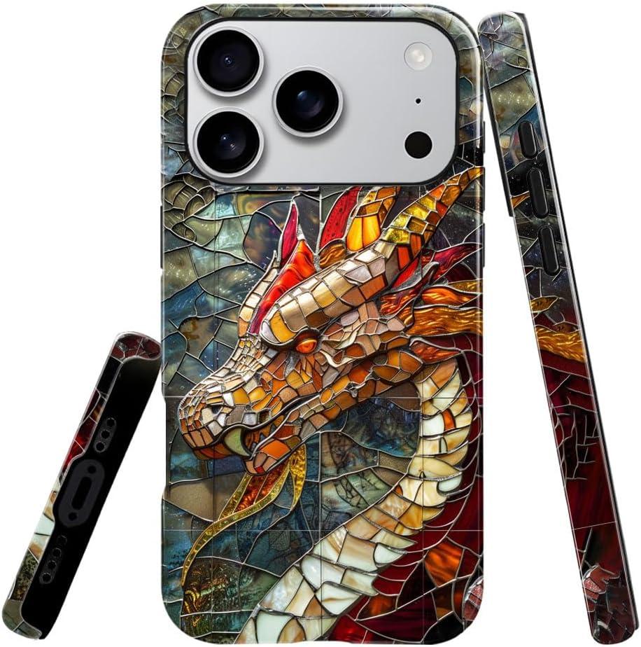 DJSOK Compatible with iPhone 17 Pro Case,Glossy Case All Inclusive Shockproof and Anti Fall,Stained Glass Dragon