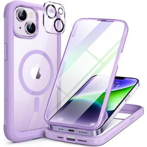 Miracase Glass Series Designed for iPhone 14 Plus Case 6.7 inch, 2023 Upgrade Full-Body Magnetic Clear Case with Built-in 9H Tempered Glass Screen Protector,Compatible with MagSafe,Purple
