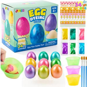 JOYIN 34 PCS Easter Shiny Egg Dye Decoration DIY Kit Multicolor Liquid Dyes with Brushes, DIY Egg Coloring Set for Kids Easter Activities, Theme Party, Hunt Fun.