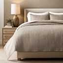 EVERGRACEHOME Cotton Sateen Quilt Set Queen Size, Pre-Washed Cotton Channel Stitch Coverlet Bedspread, 3 Pieces Lightweight Soft Bedding Sets for All Season, with 2 Pillow Shams, Stone Taupe, Full/Queen