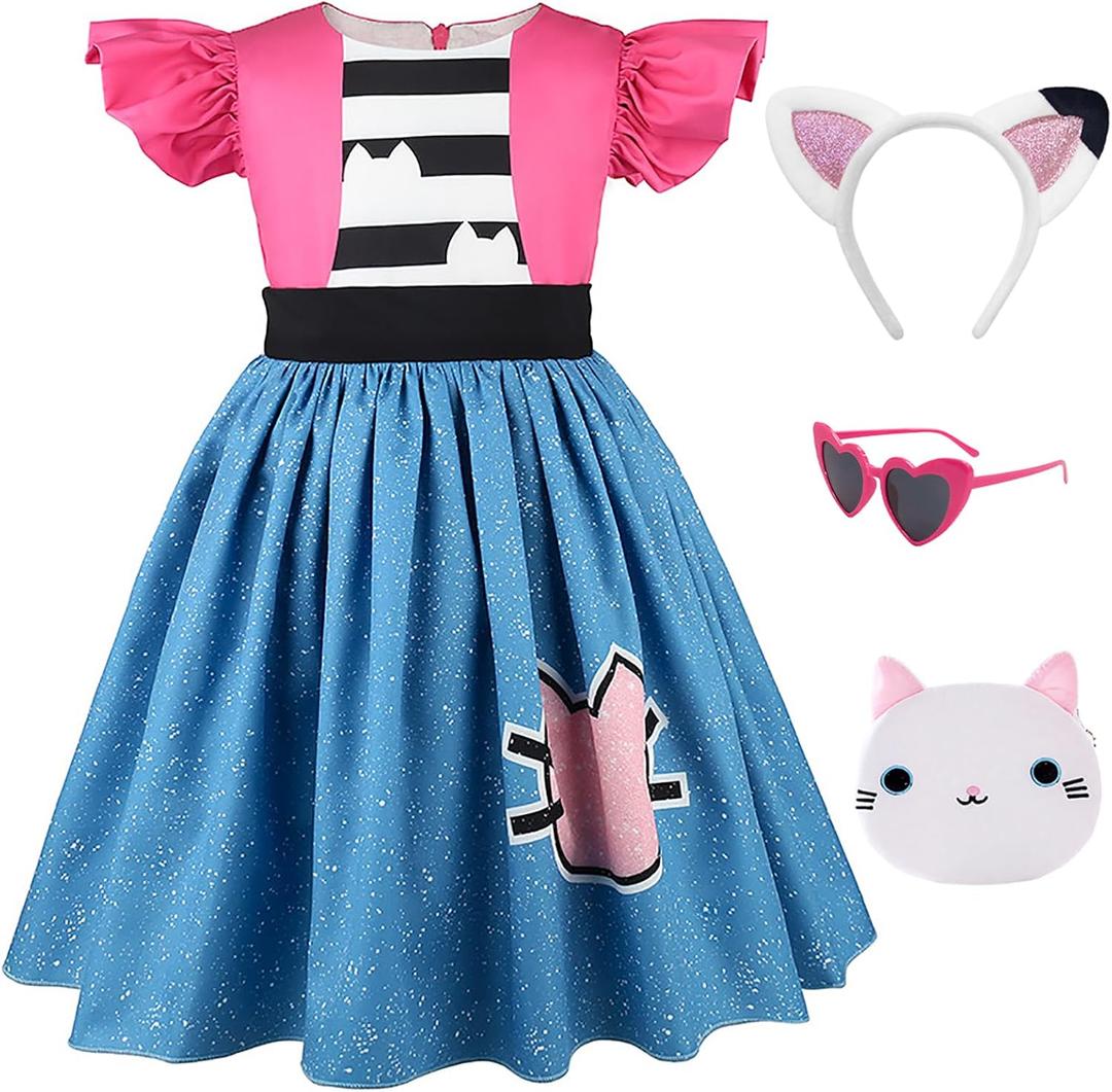 keaiyouhuo Kids Princess Cat Costume Girls Ruffle Sleeve Casual Dresses with Headband Halloween Christmas Birthday Dress up, 3-4 Years 