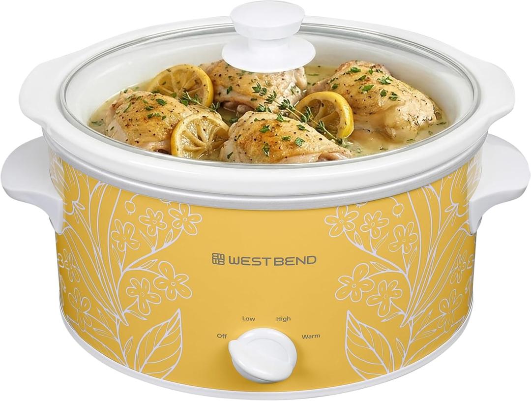 West Bend 4-Quart Manual Slow Cooker with 3 Cooking Settings, Dishwasher-Safe Ceramic and Glass Lid, 210 Watts, Yellow