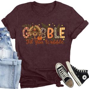 Thanksgiving Shirt for Women Funny Turkey T-Shirt Cute Colorful Turkey Tee Tops Casual Fall Shirts (Red, M)