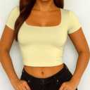 ForeFair Womens Square Neck Going Out Crop Tops Double Lined Tshirts Summer Short Sleeve Tight Tees (Yellow, S)