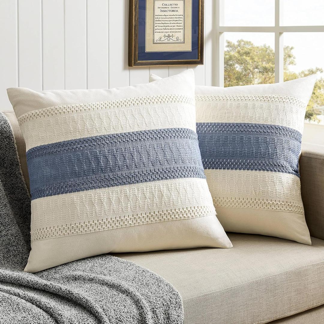ZeeMart 2 Packs Cotton Boho Throw Pillow Covers 24x24 Inch Contrast Blue, Soft Farmhouse Decorative Couch Pillow Cases Blue Cushion Covers for Sofa Bed Living Room Home Decor