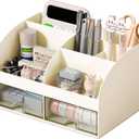 Desk Organizer with 6 Compartments and 2 Drawers, Plastic Makeup Organizer, Pen Holder for Desktop Storage, Desk Organization for School, Home, Office Supplies (Ivory)