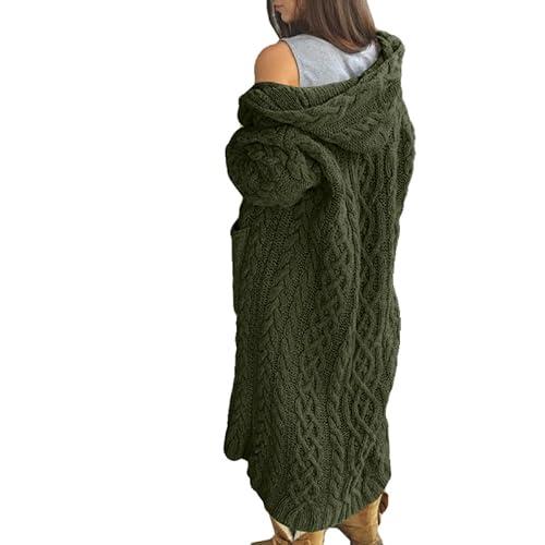 NIUBIA Womens Casual Long Sleeve Open Cardigan Warm Hooded Outwear Coat Cable Knit Long Cardigan Sweaters with Pockets Army Green L