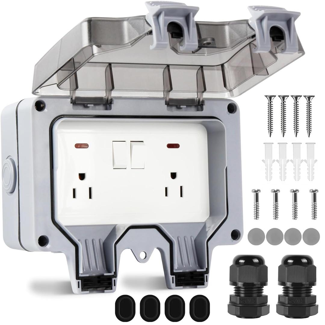 Outdoor Outlet Box Waterproof with On-Off Switch and Indicator Light,15A 250V Outdoor Waterproof Plug Socket,Outdoor Power Outlet Box,Waterproof Ip66 Power Outlet,NEMA 5-15 Duplex Receptacle