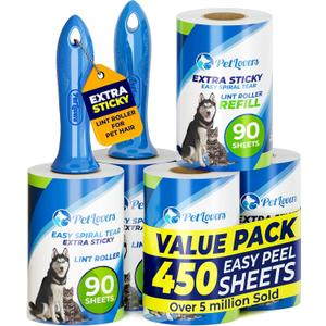 PetLovers Extra Sticky Lint Roller Mega Value Set 450 Sheets for Pet Hair Removal and Clothes, Dog and Cat Lint Remover 5 Pack