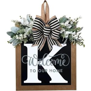 Last Name All Year Round Front Door Wreath with 26 Initial Letter Welcome Sign All Seasons Eucalyptus Garland and Bow Farmhouse, Porch, for Spring Summer Fall All Seasons Holiday Halloween Christmas